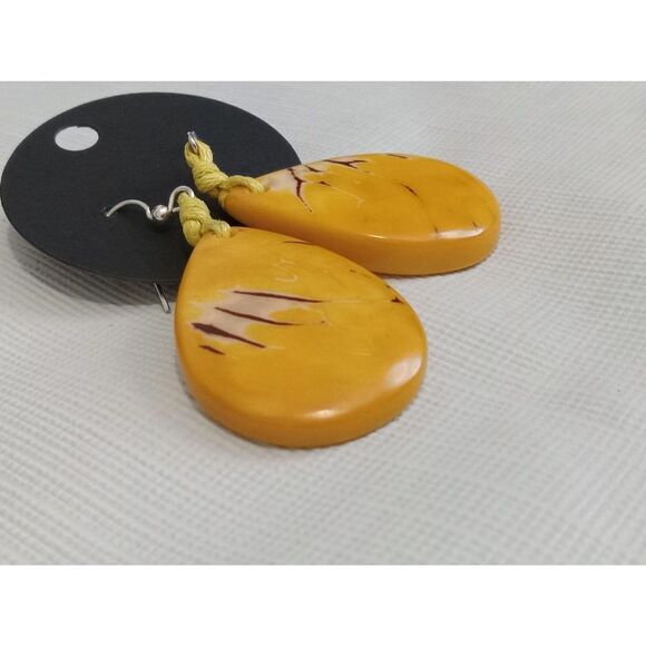 Orange and Yellow Teardrop Shaped Tagua Nut Dangle Drop Style Fashion Earrings - Picture 7 of 7